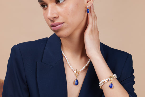 Clara cultured freshwater pearl necklace with lapis lazuli gold vermeil drop