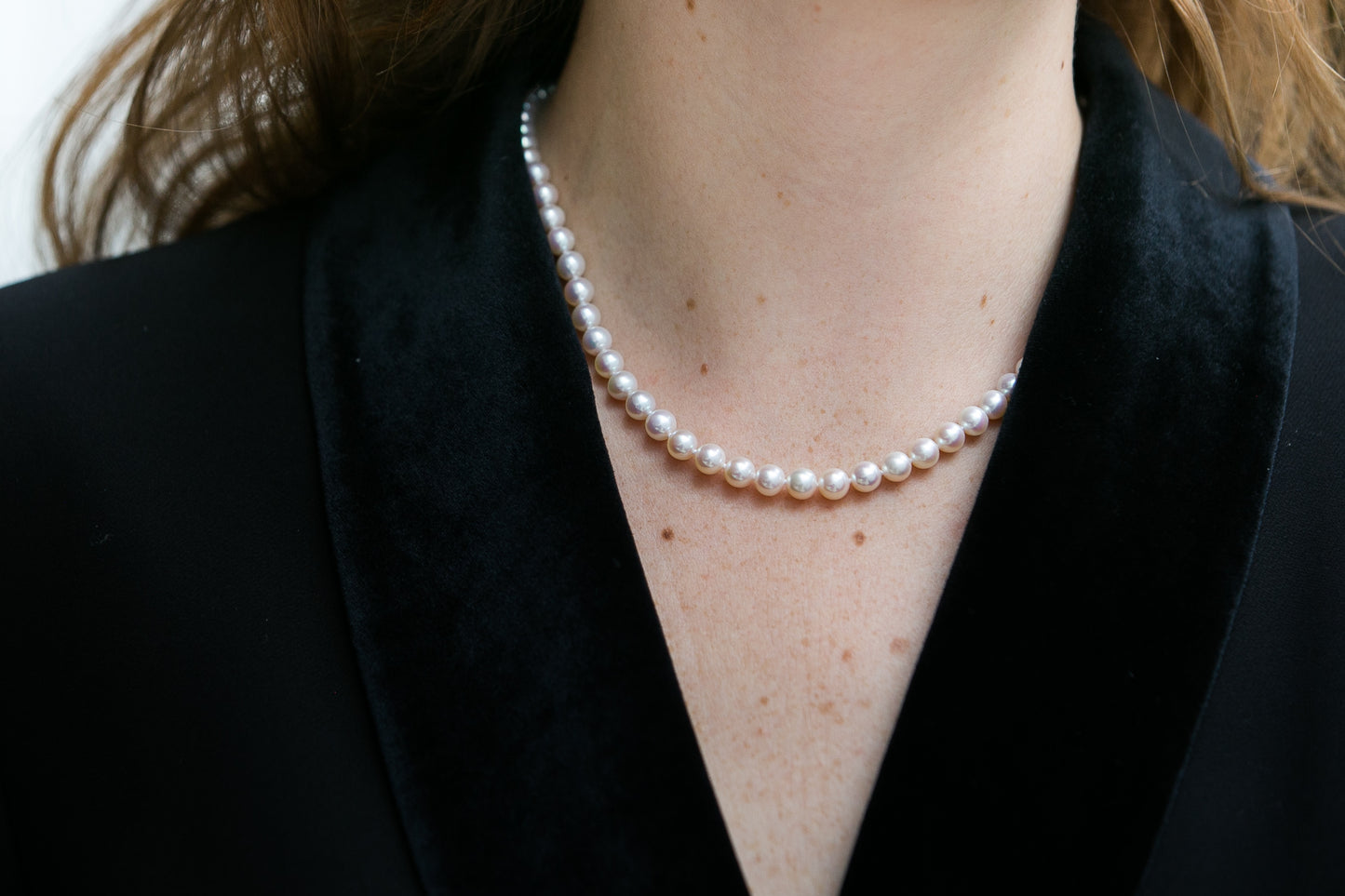 Gratia 7mm almost round cultured akoya pearl necklace on 14kt gold clasp