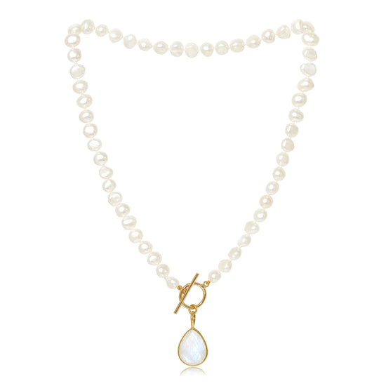 Clara white cultured irregular freshwater pearl necklace with moonstone gold vermeil drop