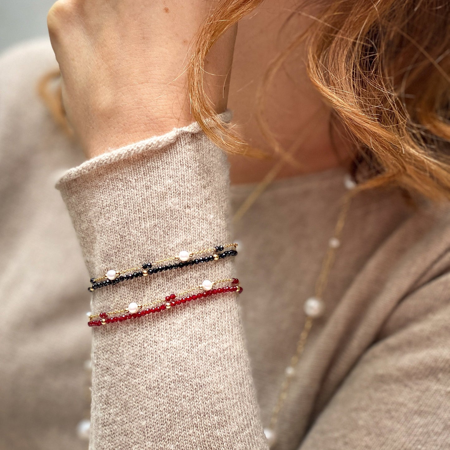 Clara fine double chain bracelet with cultured freshwater pearls & red spinel