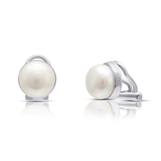 Margarita white cultured freshwater button pearl clip-on earrings with silver surround