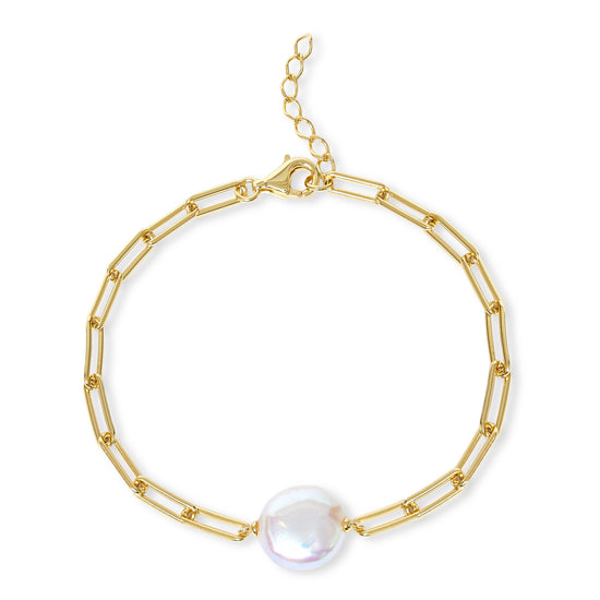 Credo gold link chain with cultured freshwater coin pearl bracelet