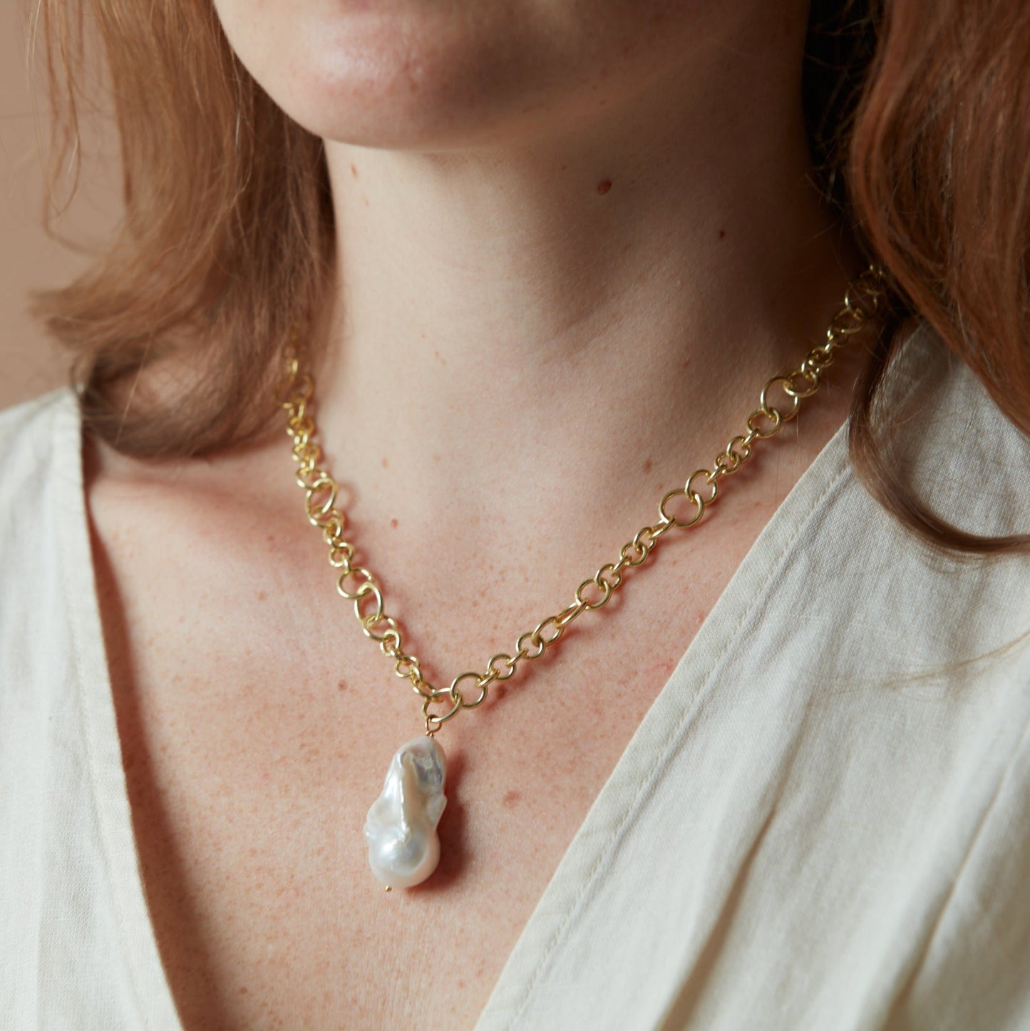 Decus large baroque 'fireball' cultured freshwater pearl drop on chunky gold chain