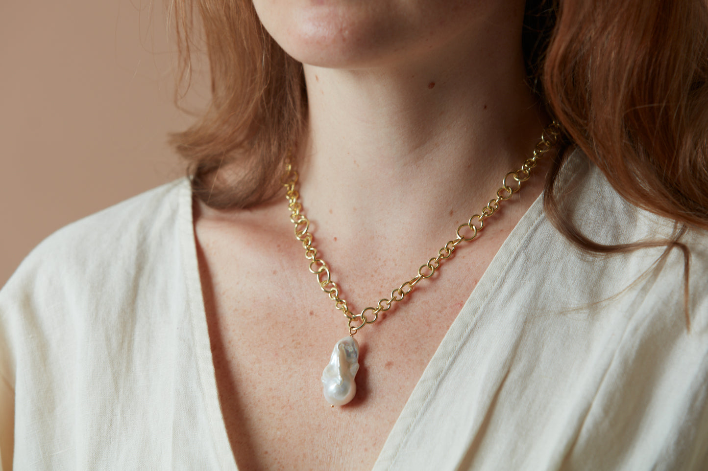Decus large baroque 'fireball' cultured freshwater pearl drop on chunky gold chain