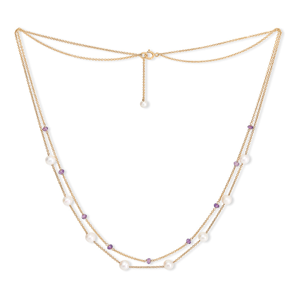 Credo fine double chain necklace with cultured freshwater pearls & amethyst