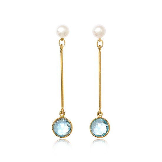 Nova cultured freshwater pearl with gold stem earrings with blue topaz drop