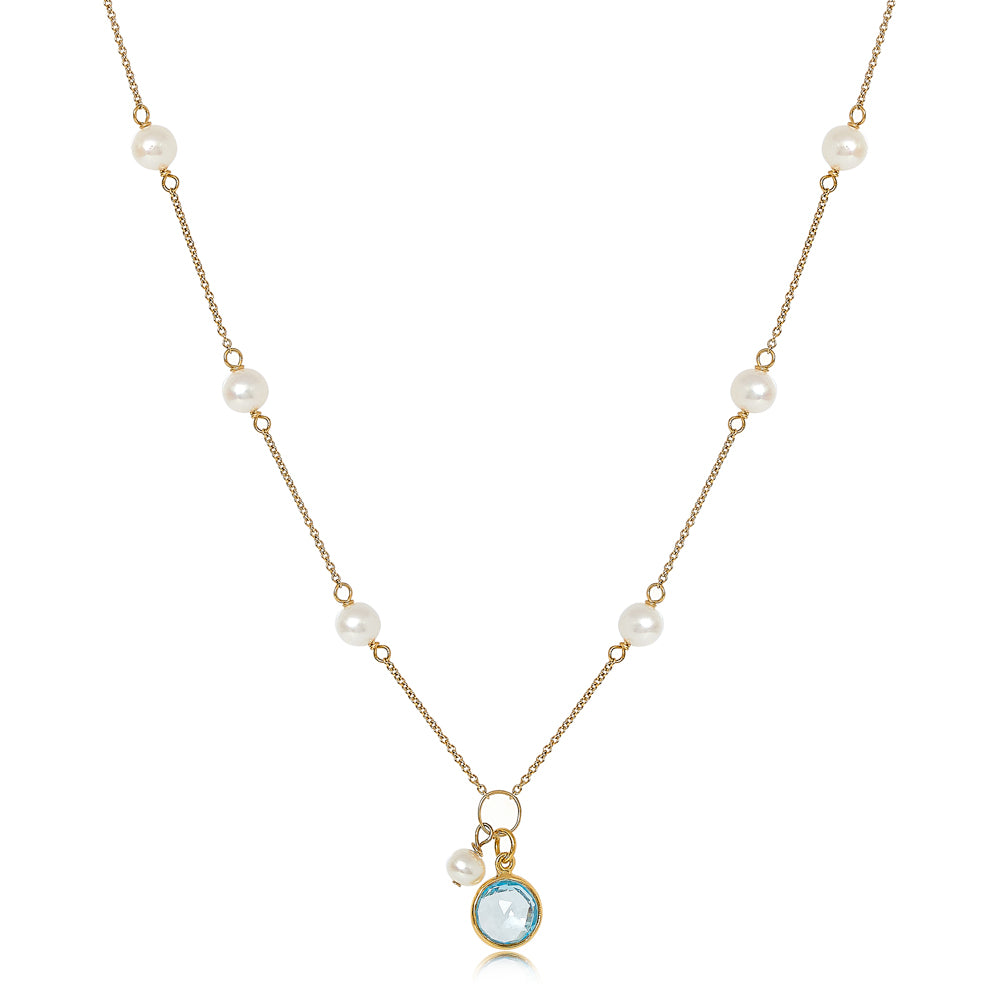 Nova fine chain necklace with cultured freshwater pearls & blue topaz drop