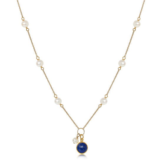 Nova fine chain necklace with cultured freshwater pearls & lapis lazuli drop