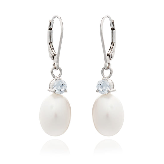 Stella cultured freshwater pearl drop earrings with cubic zirconia above on 14kt white gold levers