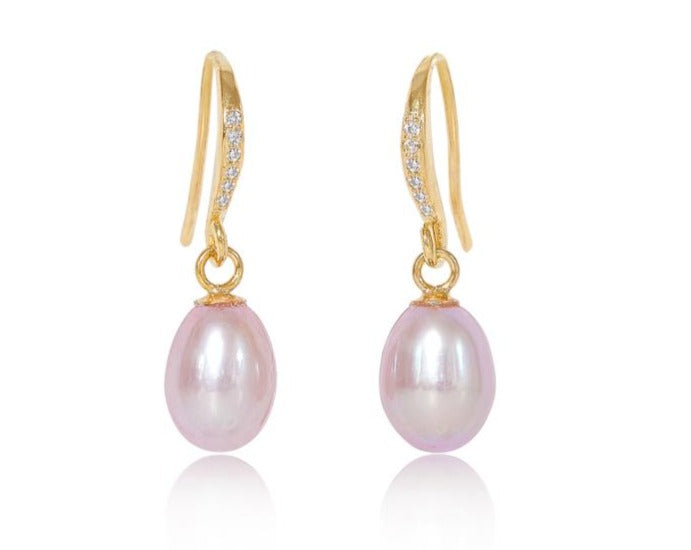 Stella cultured pink freshwater teardrop pearl hanging earrings on sparkle gold hooks