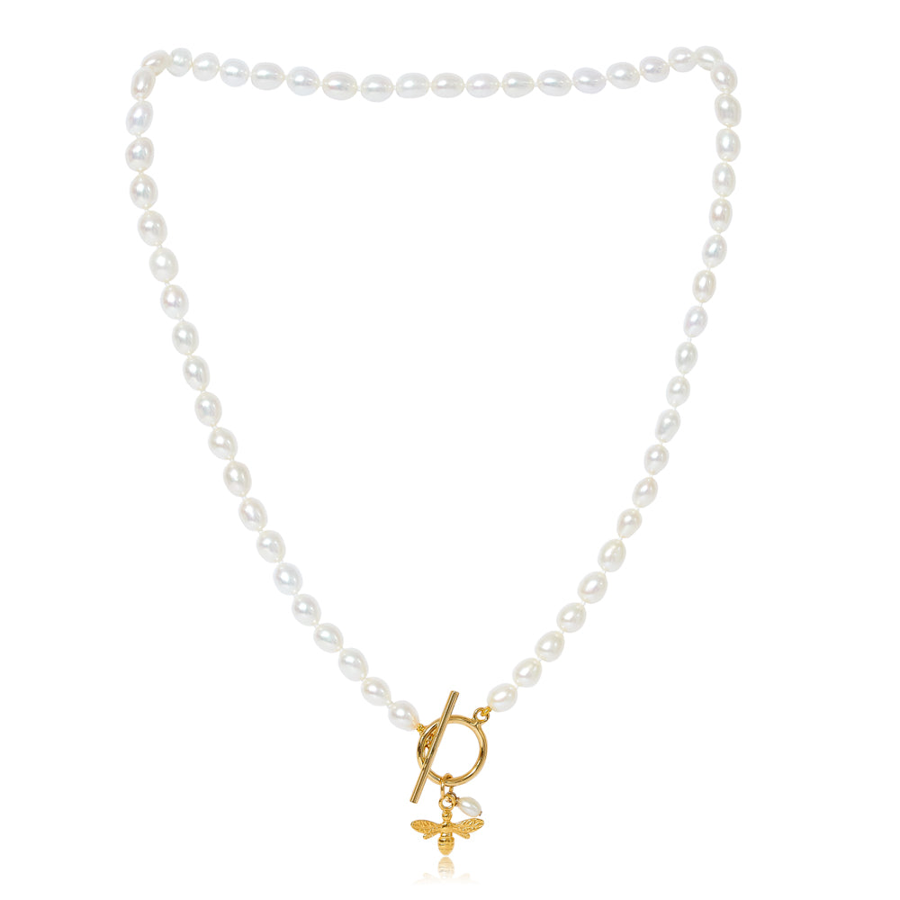 Vita cultured Freshwater Pearl Necklace With Gold Bumble Bee