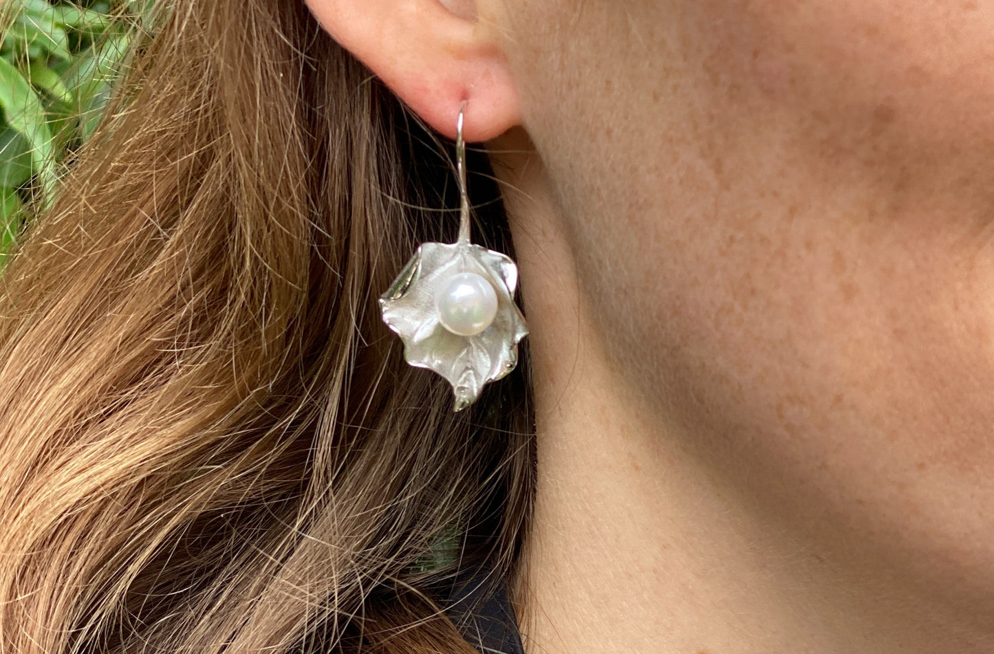 Vita Cultured Freshwater Pearl Leaf Drop Earrings in Silver