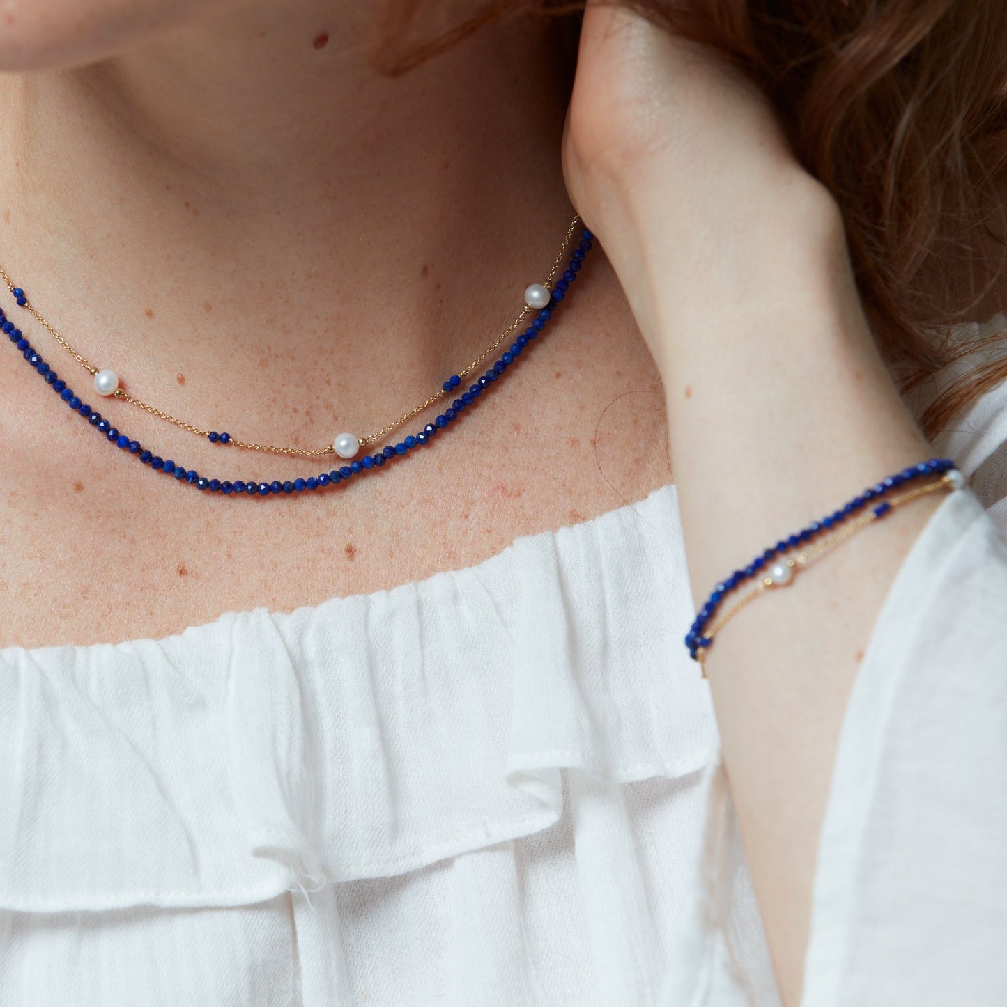 Clara fine double chain bracelet with cultured freshwater pearls & lapis lazuli