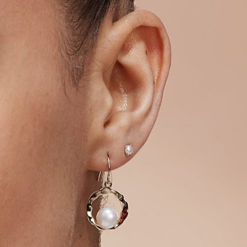 Credo gold hollow disk earrings with cultured freshwater pearls on gold fill hooks