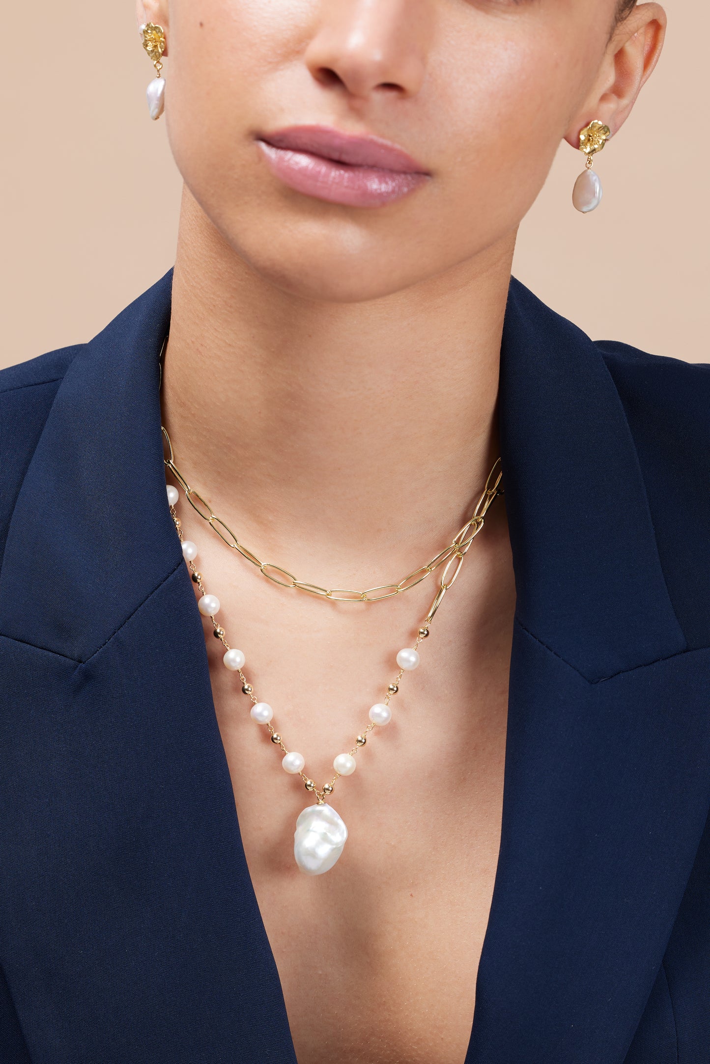 Decus large baroque 'fireball' cultured freshwater pearl drop on long gold chain
