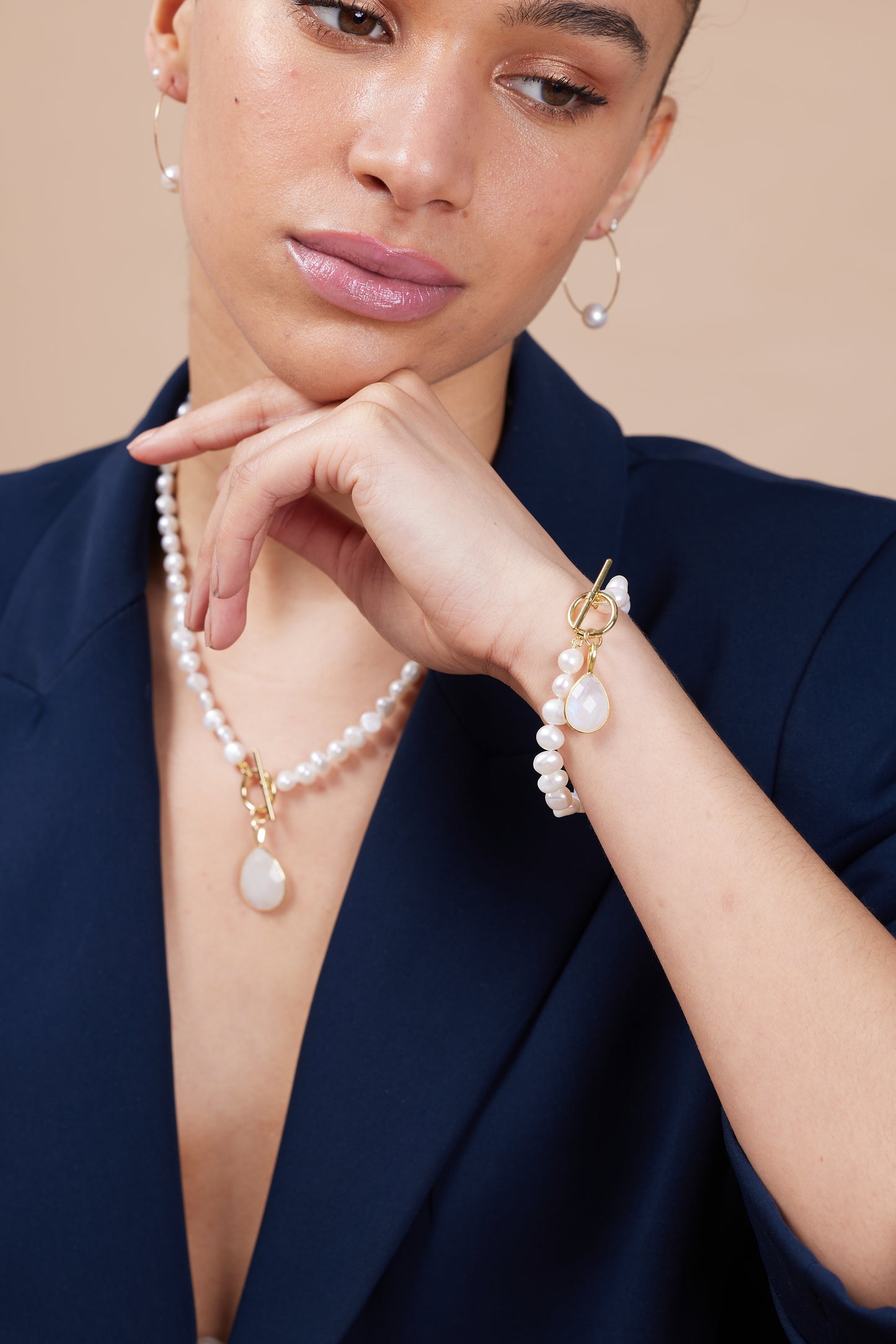 Clara white cultured irregular freshwater pearl necklace with moonstone gold vermeil drop