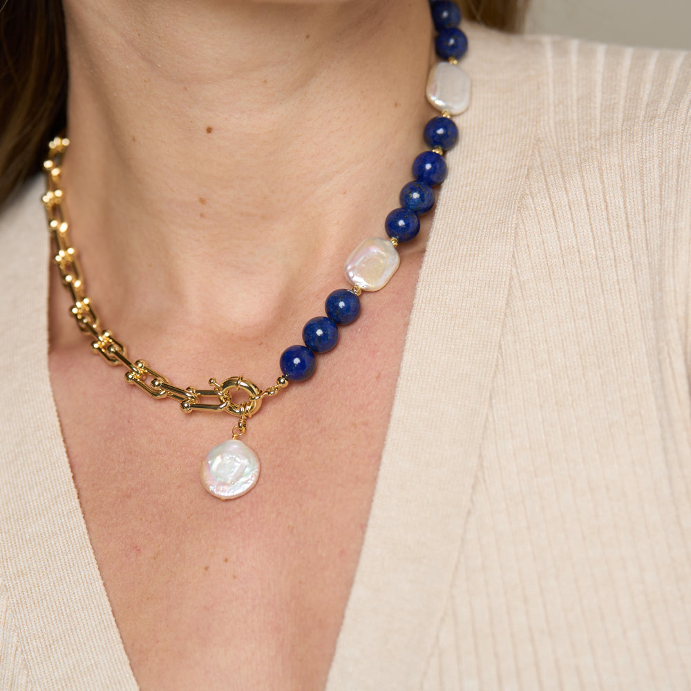 
                  
                    Clara chunky gold chain & lapis lazuli necklace with cultured freshwater pearl drop
                  
                