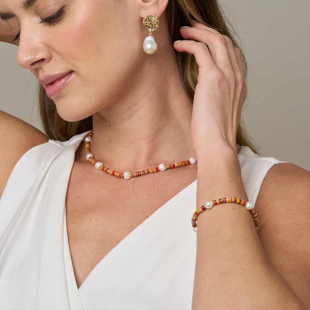 
                  
                    Nova oval cultured freshwater pearl bracelet with orange mix jasper & gold beads
                  
                