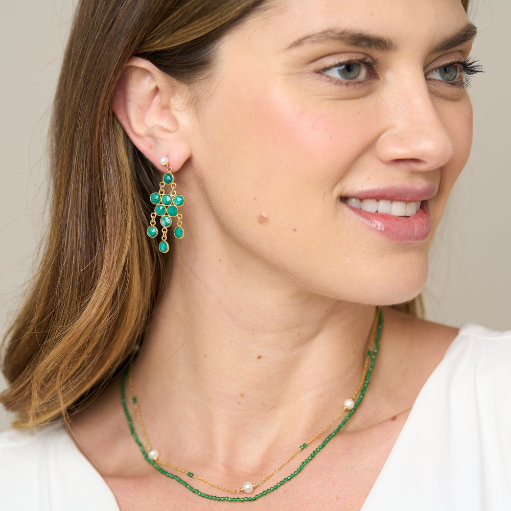 
                  
                    Clara cultured freshwater pearl earrings & emerald chandelier earrings
                  
                
