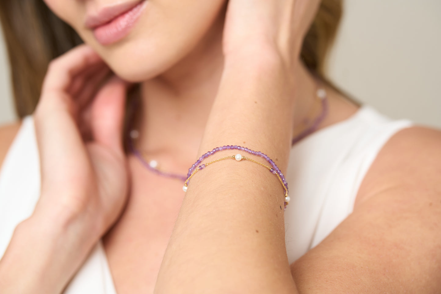 Clara fine double chain bracelet with cultured freshwater pearls & amethyst