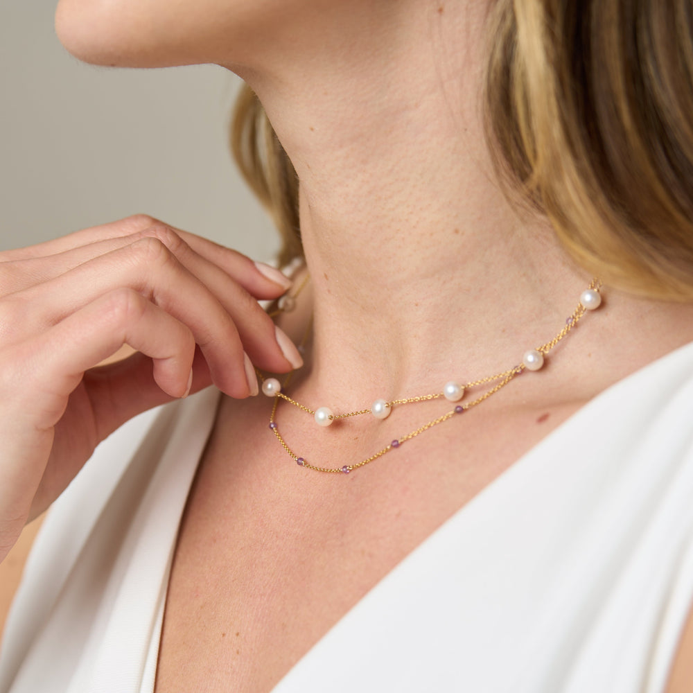 
                  
                    Credo fine double chain necklace with cultured freshwater pearls & amethyst
                  
                