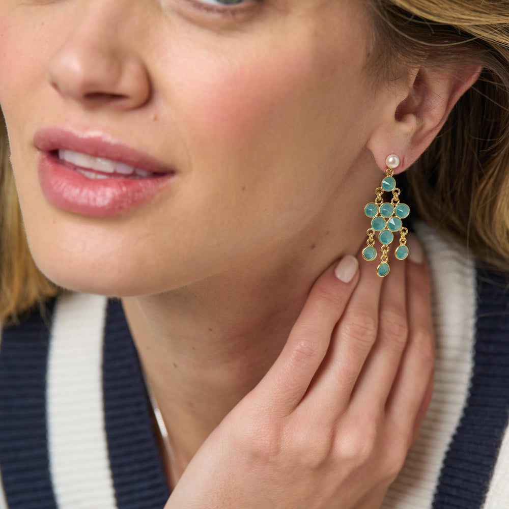 
                  
                    Clara cultured freshwater pearl earrings & aqua chalcedony chandelier earrings
                  
                