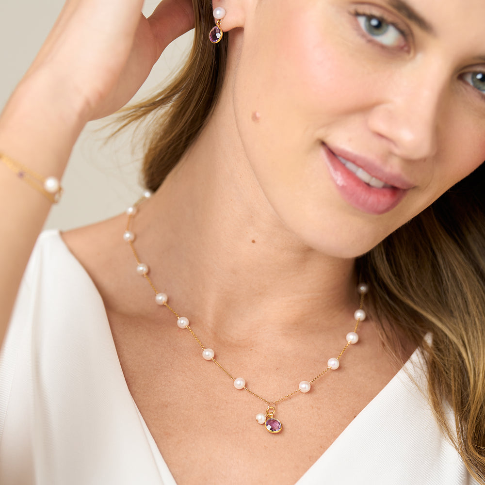 
                  
                    Nova fine chain necklace with cultured freshwater pearls & amethyst drop
                  
                