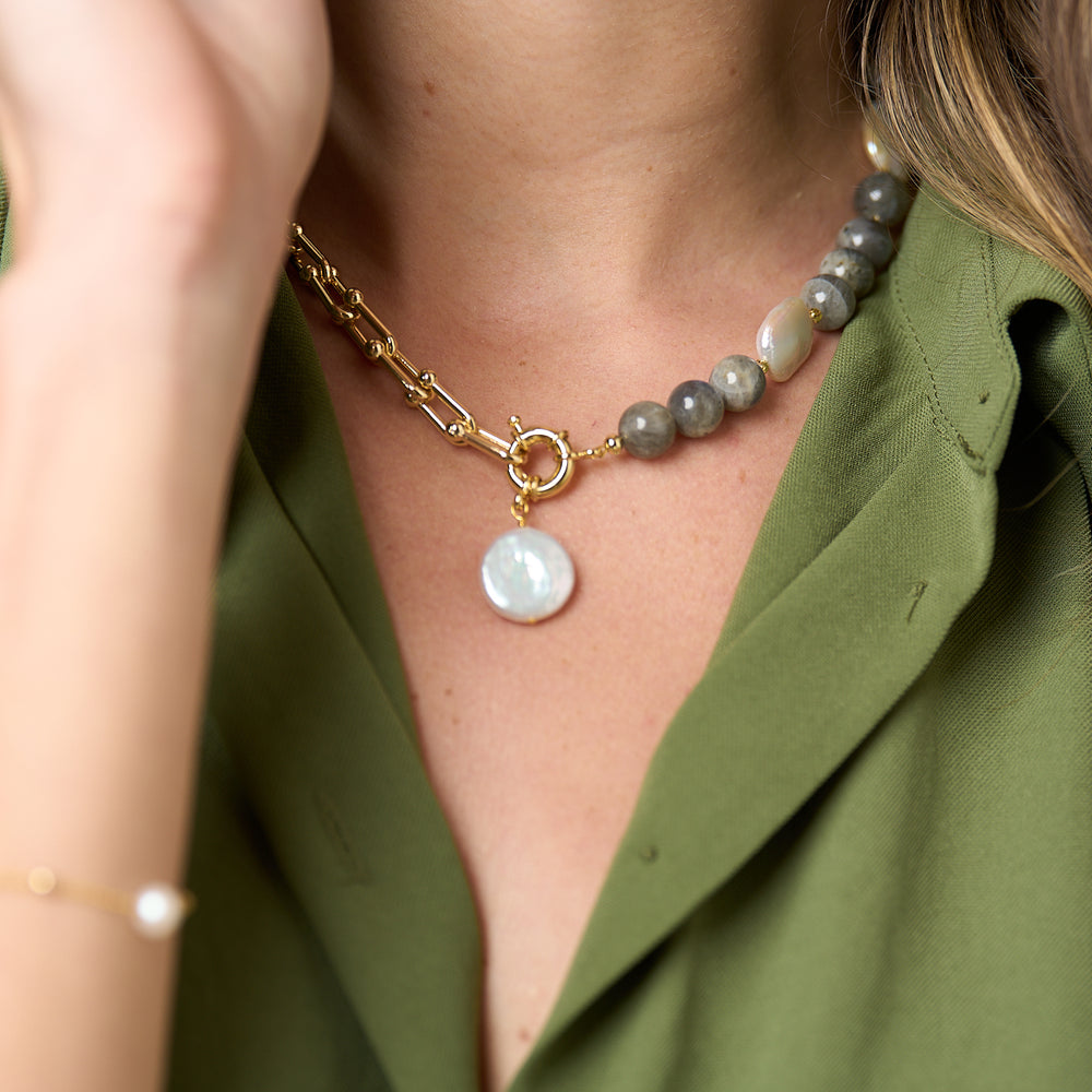 
                  
                    Clara chunky gold chain & labradorite necklace with cultured freshwater pearl drop
                  
                