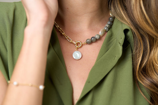 Clara chunky gold chain & labradorite necklace with cultured freshwater pearl drop