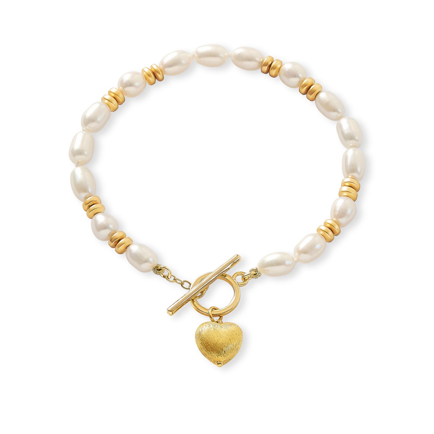 A pearl and gold beaded bracelet with a toggle clasp and a dangling textured gold heart charm, shown on a plain white background.