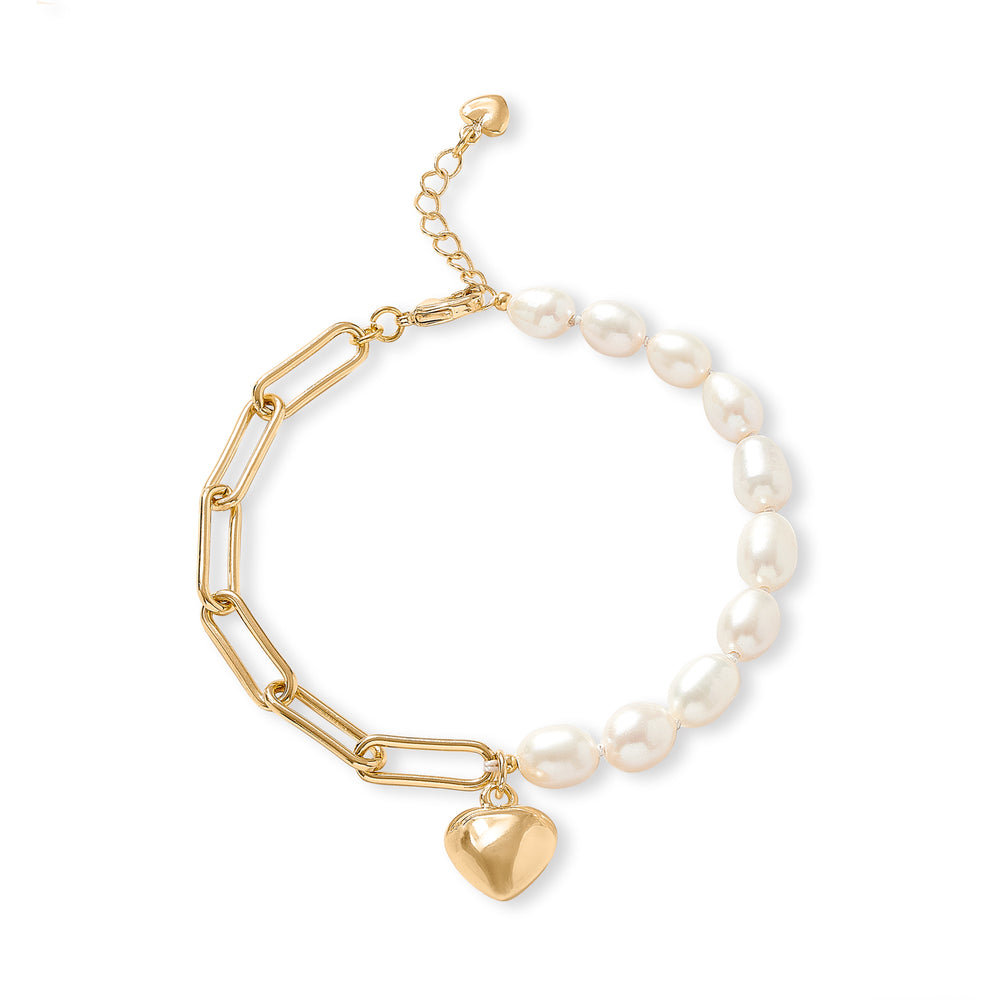 Amare oval cultured freshwater pearl & gold chain bracelet with gold heart