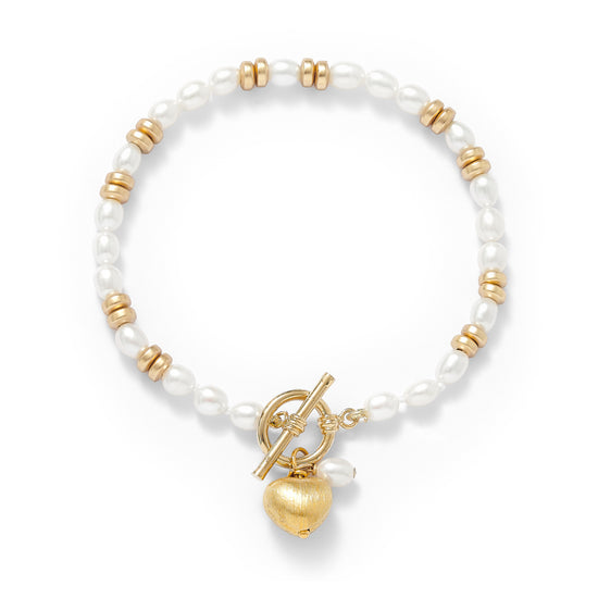 Amare white cultured freshwater pearl bracelet with gold hematite beads & a gold heart charm