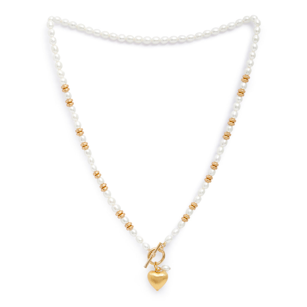 Amare white cultured freshwater pearl necklace with gold vermeil heart & gold hematite beads