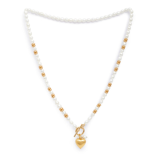 Amare white cultured freshwater pearl necklace with gold vermeil heart & gold hematite beads