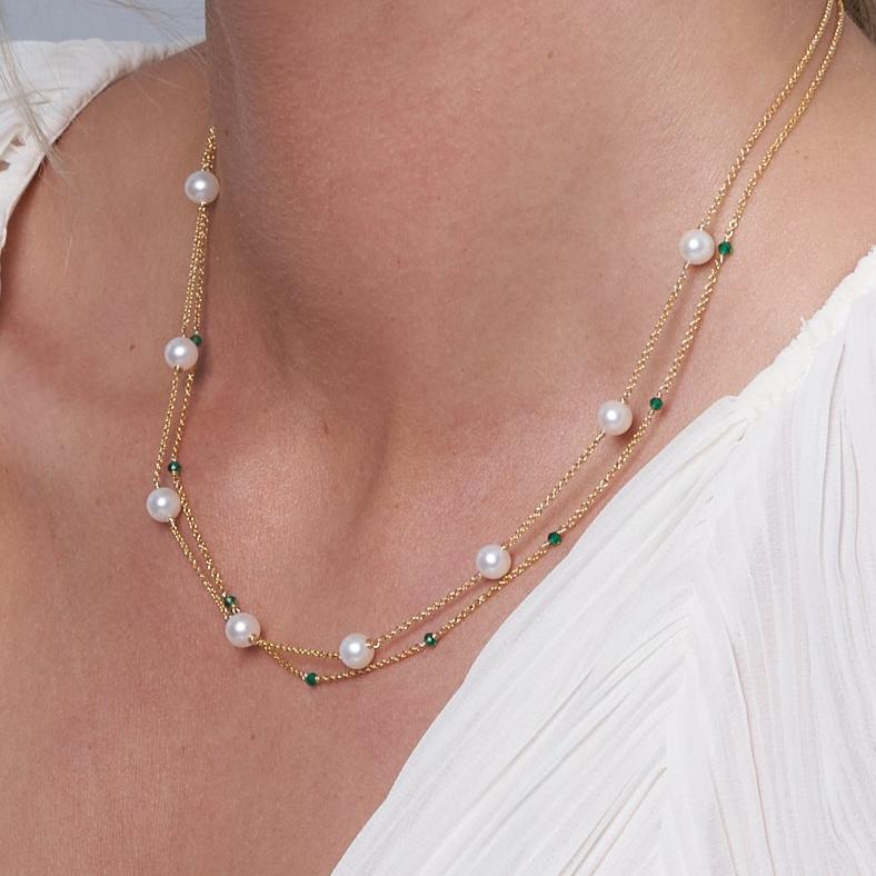 
                  
                    Credo fine double chain necklace with cultured freshwater pearls & emerald
                  
                