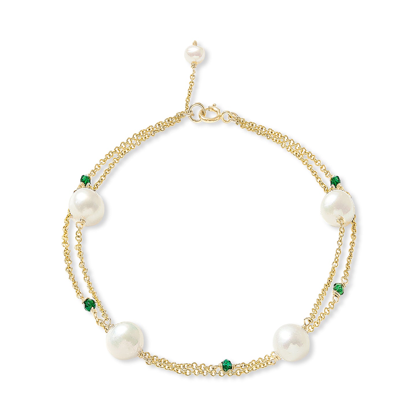 Credo fine double chain bracelet with cultured freshwater pearls & emerald