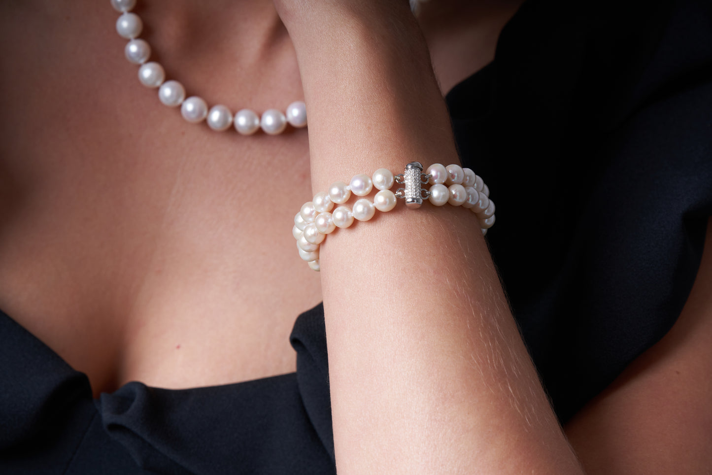 Stella double strand cultured freshwater pearl bracelet with vintage style pave clasp