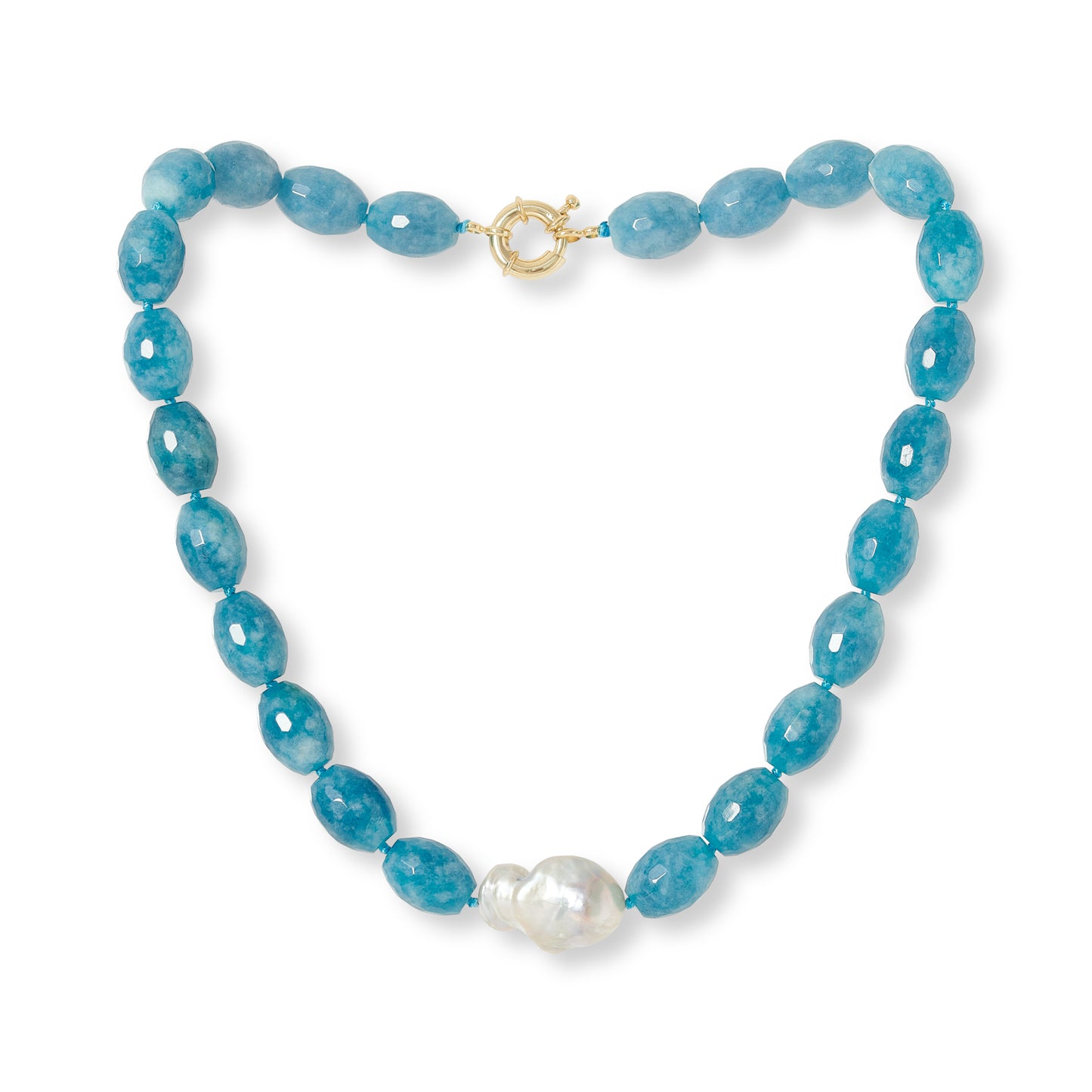 Clara chunky faceted aquamarine necklace with central cultured freshwater pearl