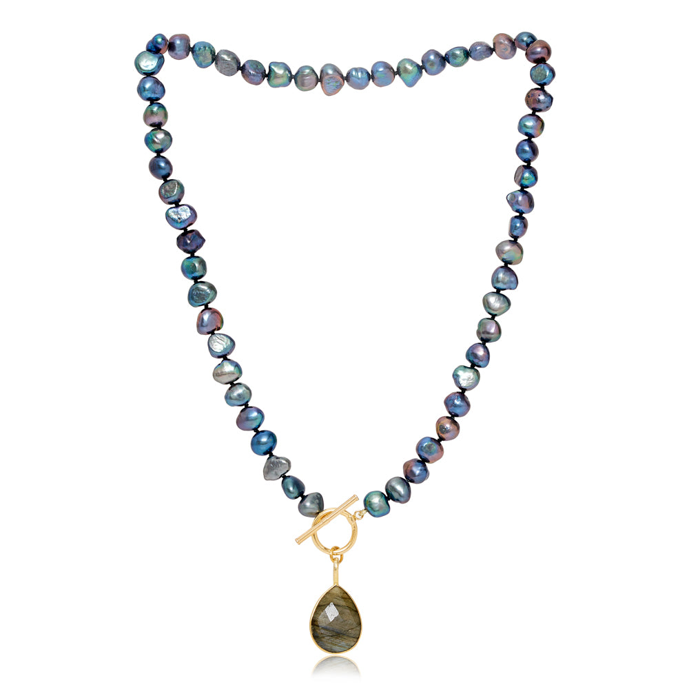 Clara peacock black cultured irregular freshwater pearl necklace with labradorite gold vermeil drop