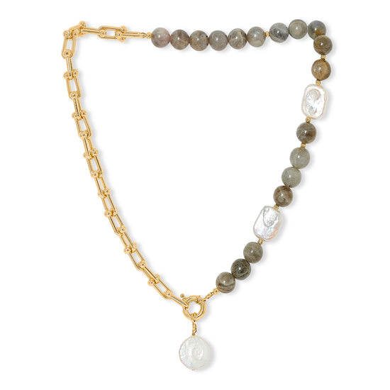 Clara chunky gold chain & labradorite necklace with cultured freshwater pearl drop