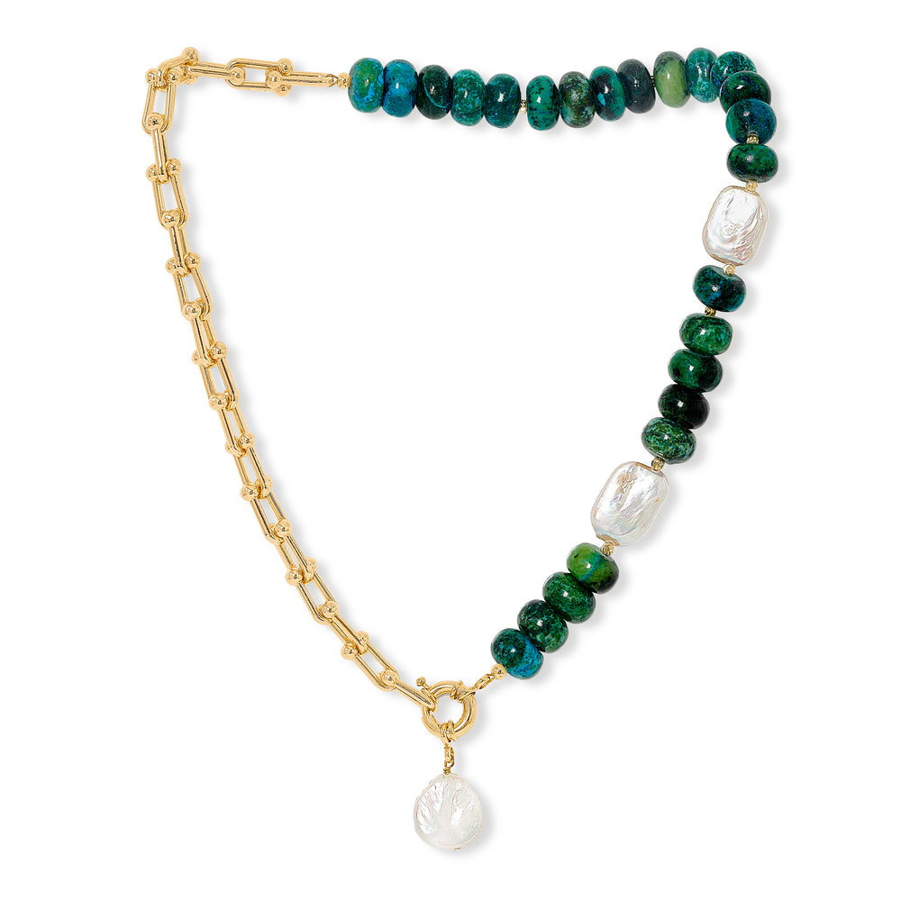 Clara chunky gold fill chain & azurite necklace with cultured freshwater pearl drop