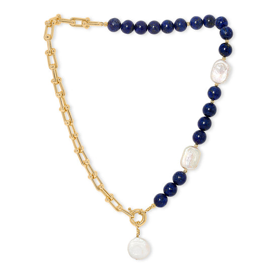 Clara chunky gold chain & lapis lazuli necklace with cultured freshwater pearl drop