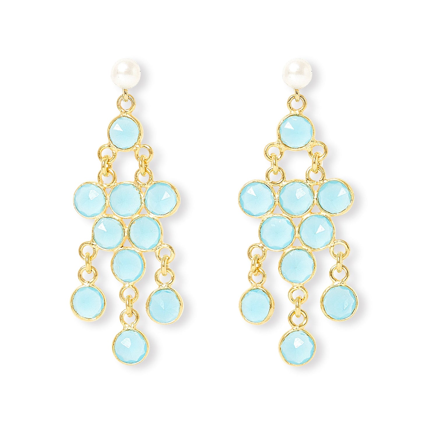 Clara cultured freshwater pearl earrings & aqua chalcedony chandelier earrings
