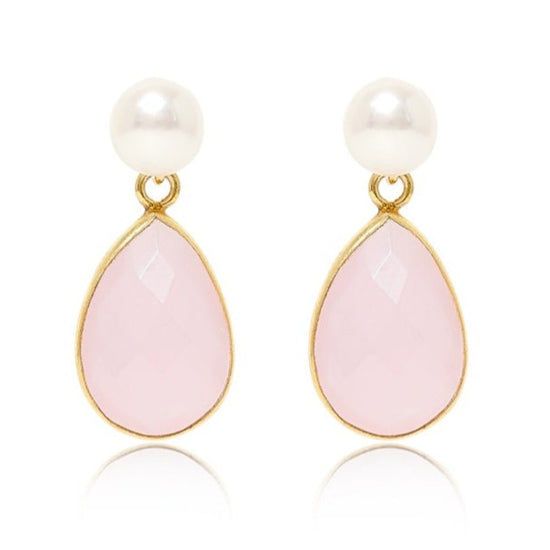 Load image into Gallery viewer, Clara Cultured Freshwater Pearl &amp;amp; Pink Chalcedony Drop Earrings
