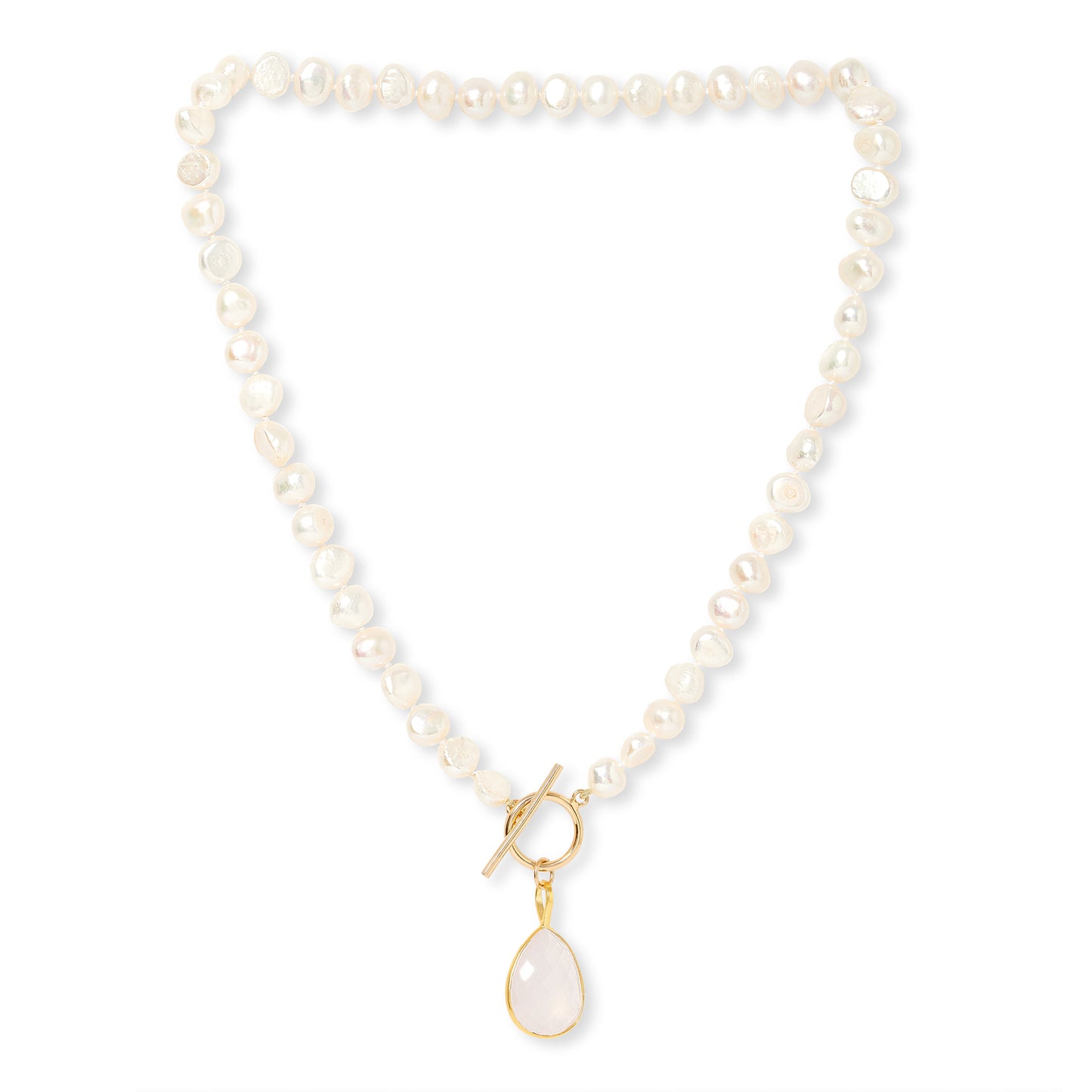 Clara cultured irregular freshwater pearl necklace with rose quartz drop