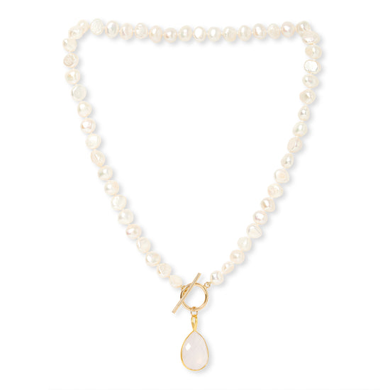 Clara cultured irregular freshwater pearl necklace with rose quartz drop