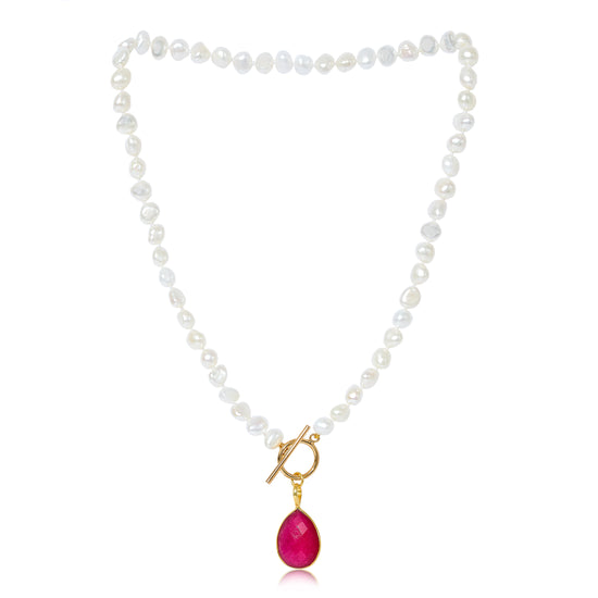 Load image into Gallery viewer, Clara cultured irregular freshwater pearl necklace with ruby quartz gold vermeil drop
