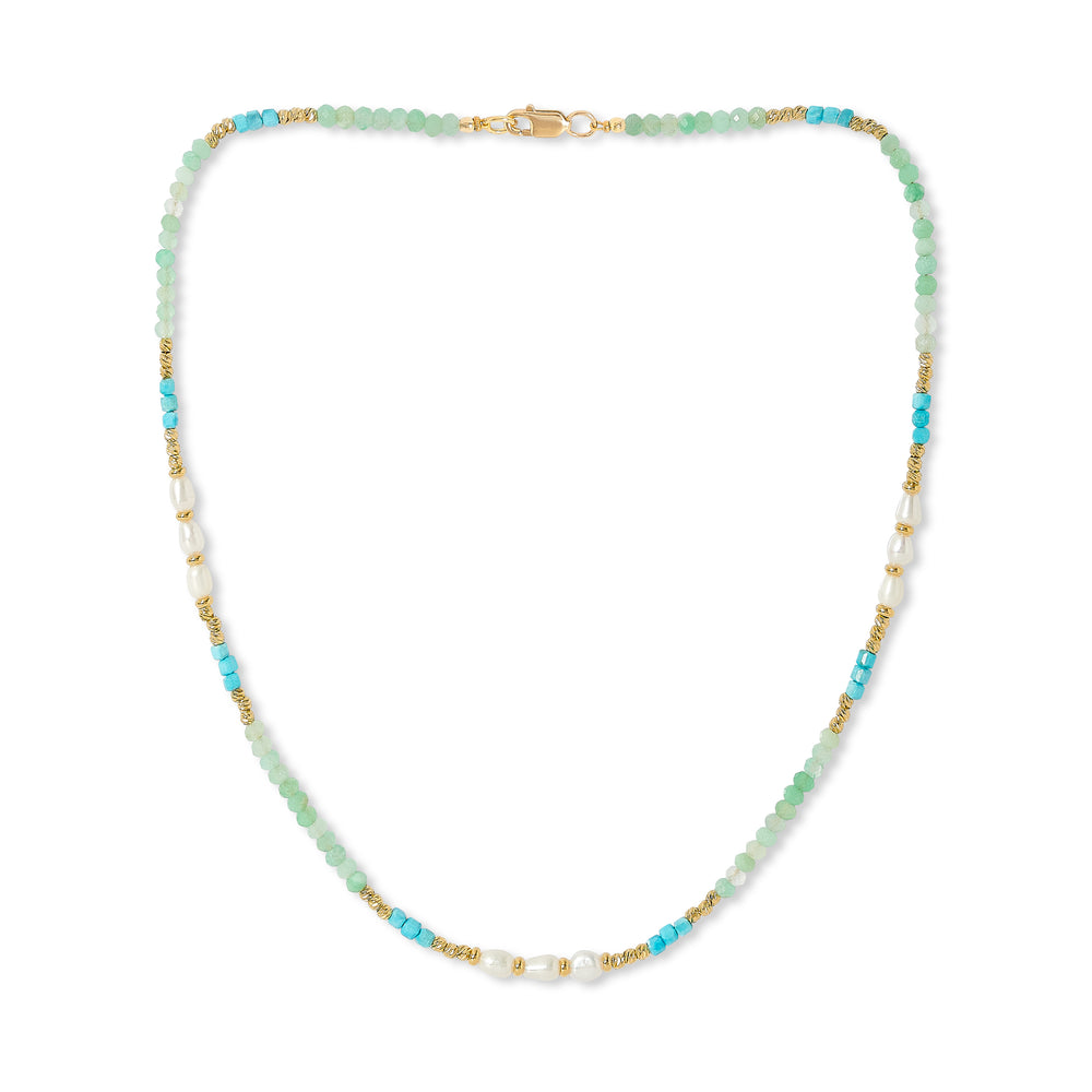 Clara fine necklace with dyed turquoise, green quartz & cultured freshwater pearls
