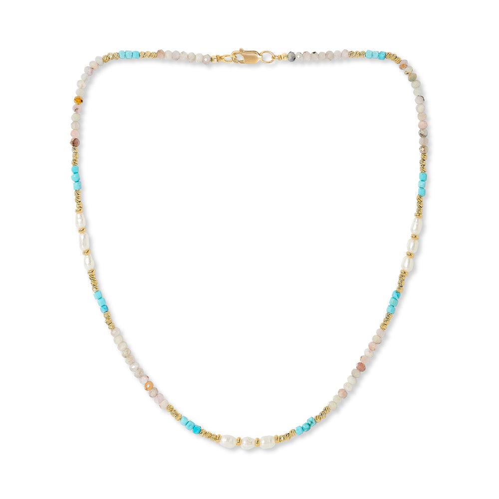 Clara fine necklace with dyed turquoise, pink quartz & cultured freshwater pearls