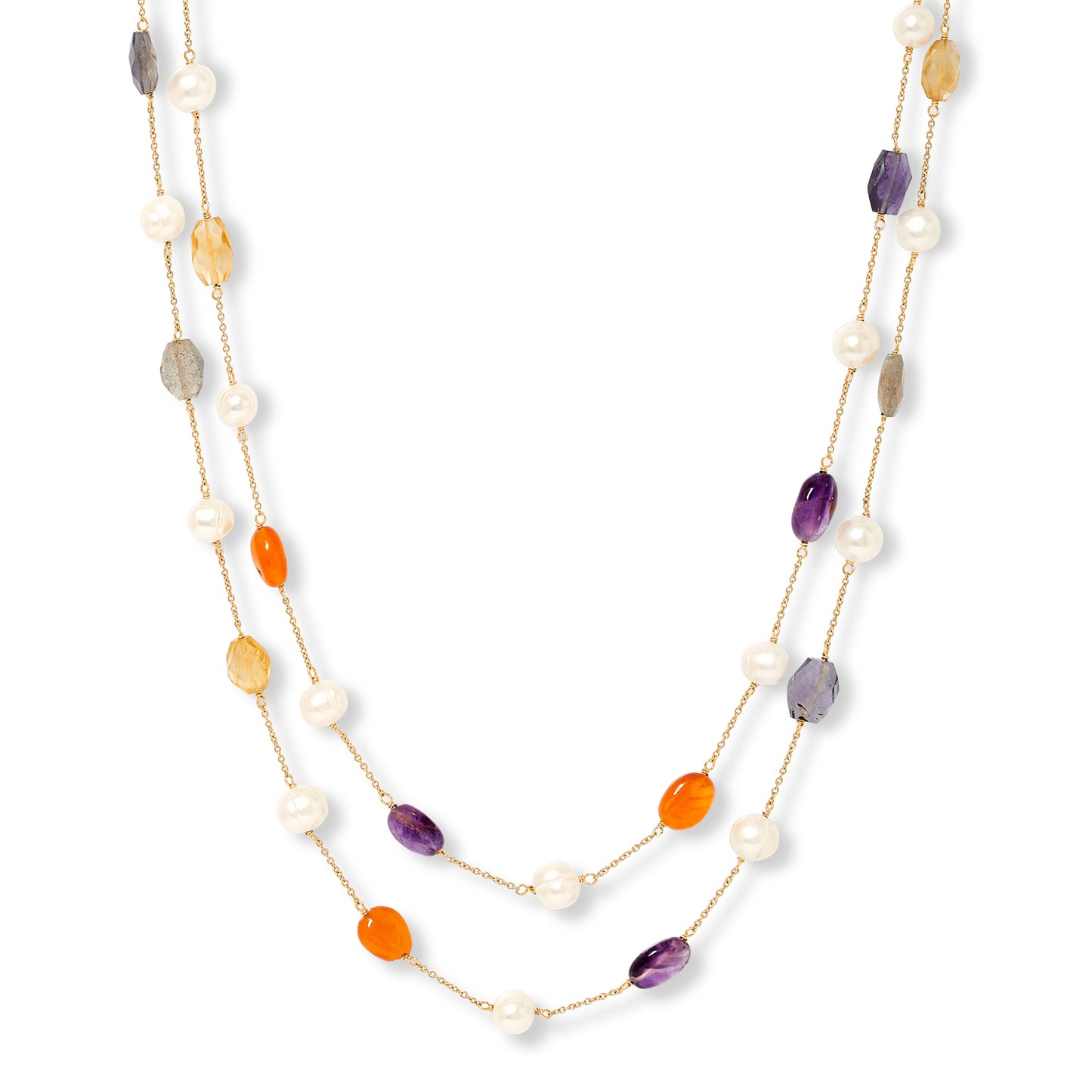 Clara fine chain necklace with scattered cultured freshwater pearls and gemstones